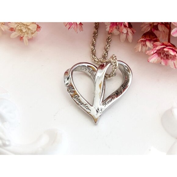 Heart CZ "My Daughter" Engraved Sterling Silver Vintage Pendant Necklace - 24" - Picture 4 of 11